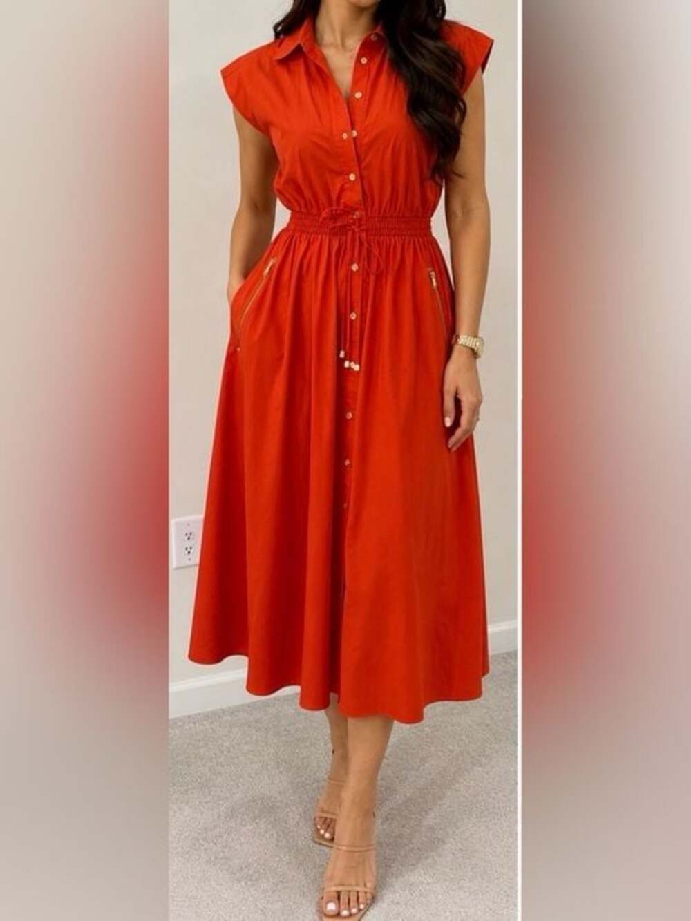 Michael Kors Orange Midi Shirt Dress Gold Zip Pockets Drawstring Waist Size S